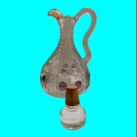 Vtg EAPG Glass Vinegar-Oil Cruet, Stopper Cranberry Flash Pitcher Dimple & Star - Picture 15 of 16